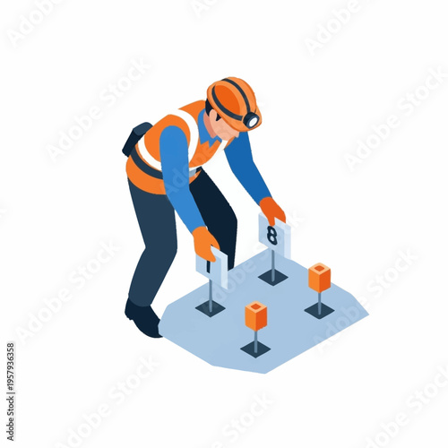 Construction worker placing markers on site.