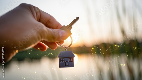 A hand holding a metallic house shaped keychain against a warm golden sunset background scenery