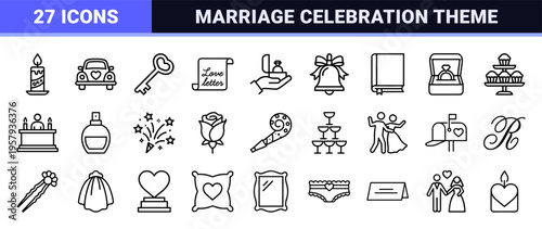 Ultra Minimalist Wedding and Romance Line Art Set Featuring Geometric Marriage Symbols and Celebration Graphics for Elegant Digital Design