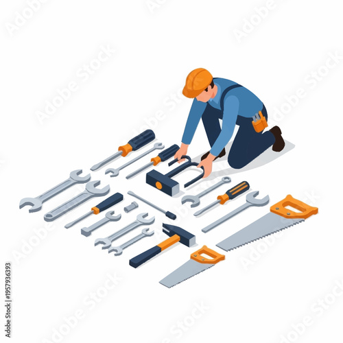 Construction Worker With Tools Laid Out.