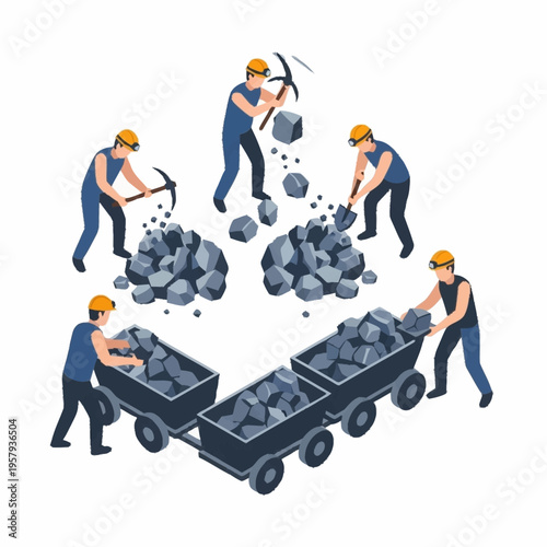 Isometric illustration of miners extracting coal from a mine.
