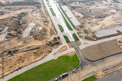 preparation of building site for carrying out construction works. roadwork. top view aerial photo.