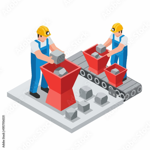 Isometric illustration of workers on a production line with materials.