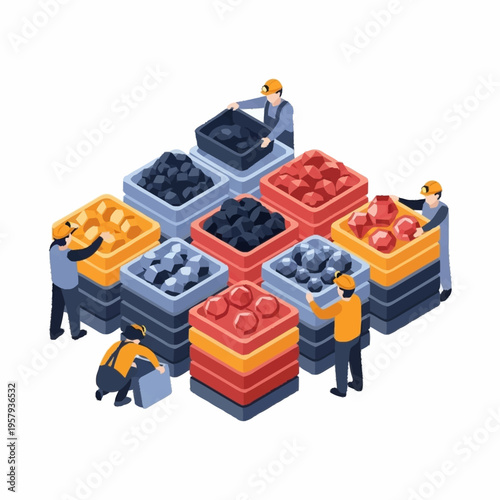Isometric illustration of workers sorting various raw materials in containers.