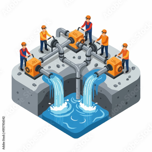 Isometric illustration of workers managing water pumps and pipelines for fluid distribution.