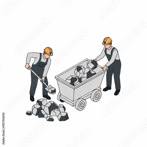Isometric illustration of miners working with coal in a mine.