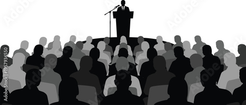 Speaker addressing audience from podium during conference presentation public speech event concept crowd listening in auditorium isolated vector illustration