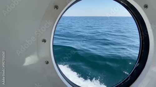 View of ocean through a porthole, with a clear sky in the distance