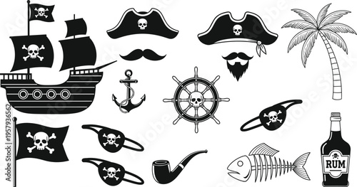 pirate icon set vector, nautical adventure illustration, ship anchor skull wheel rum bottle, ocean elements, vintage maritime symbols collection