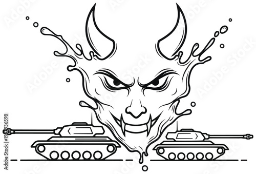 Demonic face rising above tanks — military conflict illustration of war, aggression, and chaos.