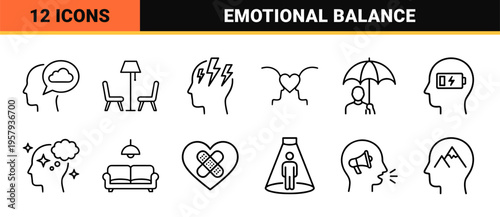 Mental Health and Psychological Wellness Icon Set featuring Minimalist Geometric Line Art for Therapy, Counseling, and Self-Care Apps.