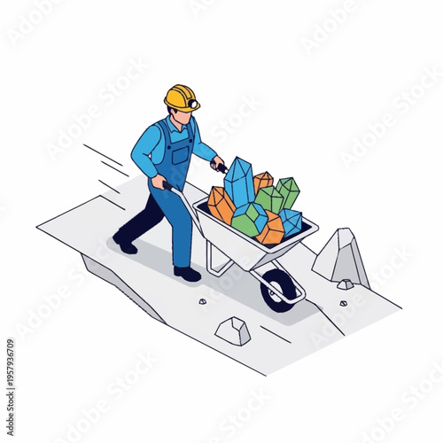 Miner pushing wheelbarrow full of colorful crystals.