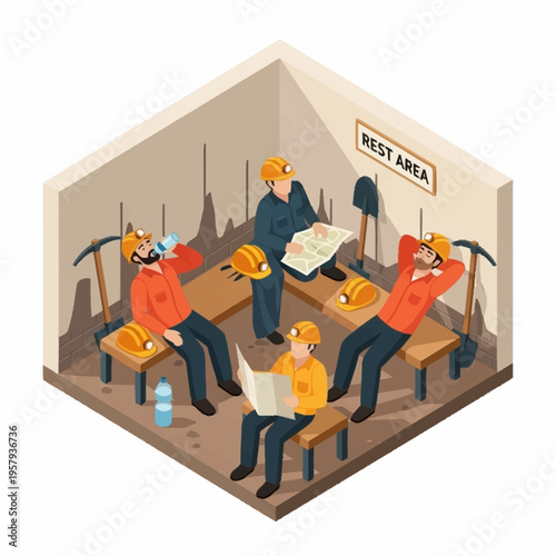 Miners resting in a break room after hard work.