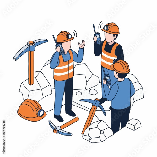 Miners communicating with walkie-talkies in a mining operation.