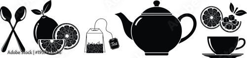 Tea drink icons collection with teapot cup lemon slices sugar cubes and teabag elements beverage concept isolated on white background vector illustration