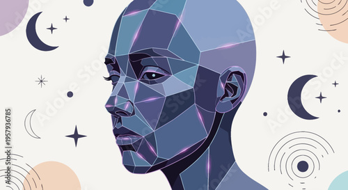 Abstract Geometric Face Portrait, Futuristic Human Head, Cyberpunk Style, Cosmic Background