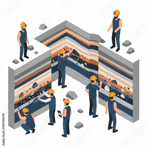 Miners Working in Stratified Underground Mine Excavation.