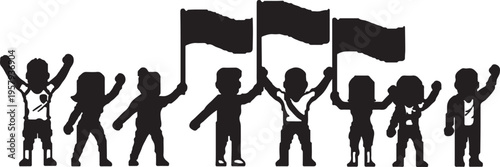 A black silhouette of a diverse group of people cheering and holding flags in a unified display