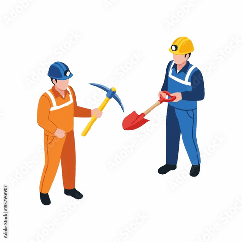 Two construction workers with tools in hand.