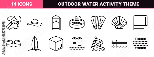 Geometric Monoline Beach and Swimming Pool Recreation Outline Symbols for Modern Travel UI Design and Summer Vacation Navigation Graphics