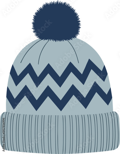 Winter knitted beanie hat with pom pom and zigzag pattern warm wool cap flat vector illustration isolated on white background