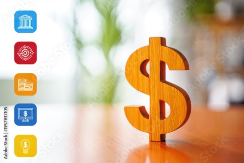 A wooden dollar sign stands on a desk with a column of financial icons on the left side of frame