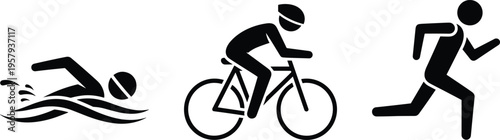Triathlon sport icons set swimmer cyclist and runner silhouettes representing endurance race swimming cycling running competition isolated on white background vector illustration