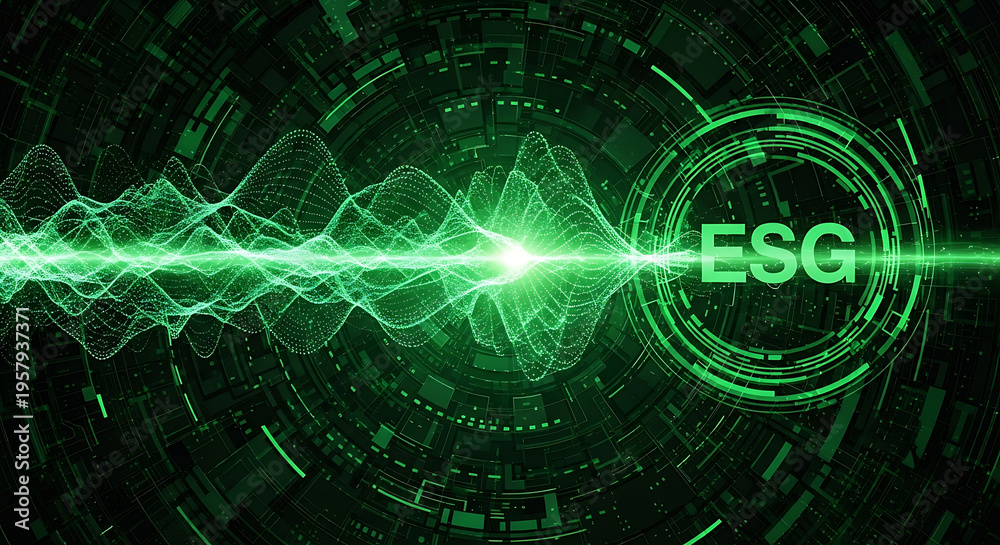 Fototapeta premium Futuristic digital artificial intelligence data stream with glowing green fiber optic waves on a dark black background featuring abstract tech dot line patterns and big flowing energy