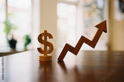 Wooden dollar sign and upward trending arrow representing financial growth and success in business