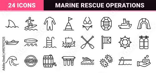 Water Safety and Aquatic Recreation Minimalist Monoline Icons, Geometric Line Art for Beach Rescue, Swimming, and Marine Navigation Utility