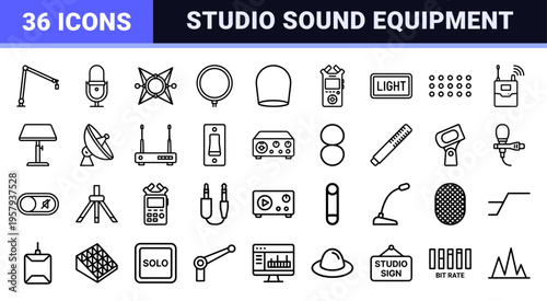 Professional Audio Recording Gear and Podcast Equipment Minimalist Geometric Line Art Symbols for Studio Engineering and Sound Design