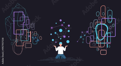 Man Juggling Abstract Shapes and Digital Connections