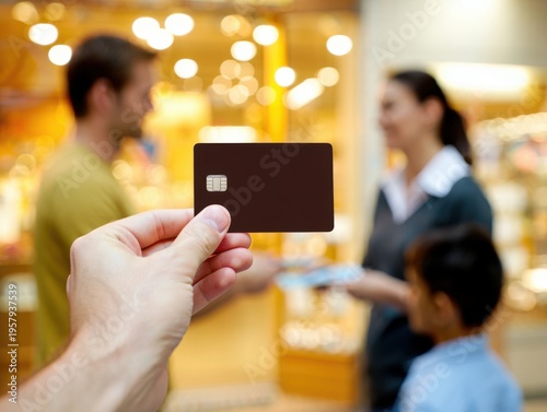 A close up of a person holding a blank dark brown credit card in front of a blurred shopping store