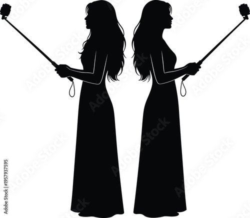 Woman taking selfie with smartphone on selfie stick silhouette, social media photography isolated black female silhouette illustration