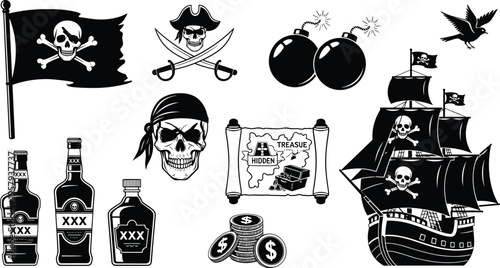 Pirate, set, skull, flag, ship, treasure, map, sword, bomb, rum, bottle, coin, raven, adventure, black, silhouette, icon, vector, illustration, nautical