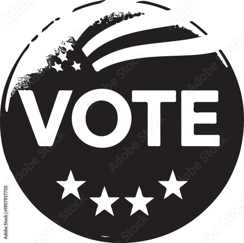 A circular graphic design featuring the word vote with stylized american flag stars and stripes.