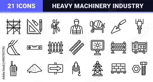 Heavy Construction and Civil Engineering Minimalist Monoline Outline Grid Architectural Site Management and Industrial Vehicle Line Art