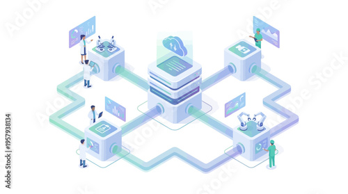Isometric Healthcare SaaS Platform with Medical Data Cloud Analytics, Doctors Using Digital Health Technology Dashboard, Hospital Management Software Network