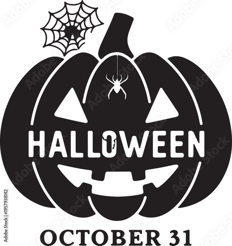 A black and white graphic illustration of a carved pumpkin with a spider web for halloween night