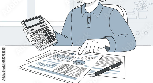 Businesswoman in office calculating finances and reviewing documents with pen and calculator