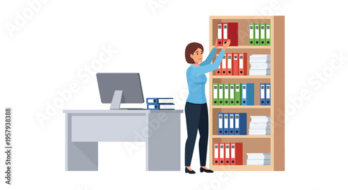 Professional businesswoman efficiently organizing important documents and files on a bookshelf in a modern office, showcasing administrative tasks and workplace management