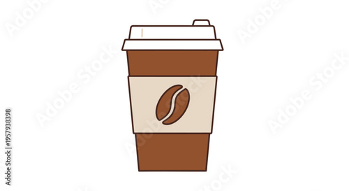 Vector illustration of a brown disposable coffee cup with lid and coffee bean graphic, symbolizing convenient hot beverage and daily refreshment