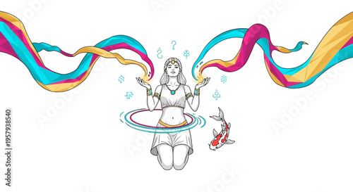 Mystical Woman Meditating with Flowing Ribbons and Koi Fish