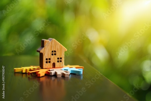 A small wooden house model resting on colorful puzzle pieces against a blurred garden background