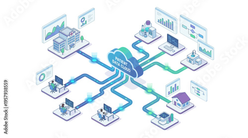 Isometric Healthcare Cloud Computing Platform with Patient Data Management, Medical Analytics Dashboard, and Connected Hospital Network Infrastructure