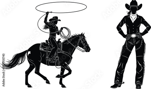 Cowgirl Silhouette Set Featuring Woman Riding Horse With Lasso And Standing In Traditional Western Attire For Rodeo Ranch Life American Heritage And Countryside Design