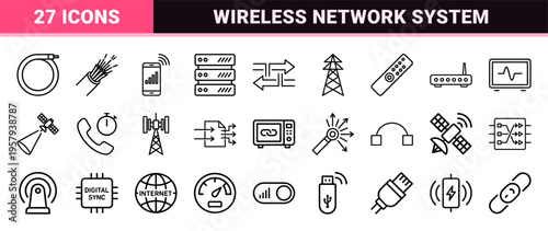 Minimalist Monoline Connectivity and Telecommunication Line Art for Global Networking Infrastructure and Wireless Broadcast Systems