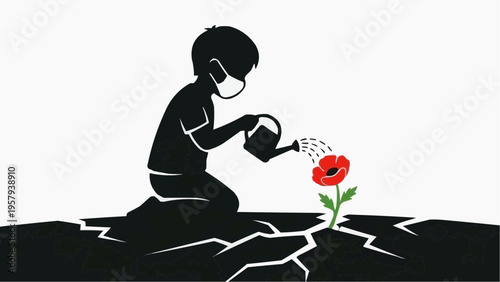 Stop War Concept Illustration Child Watering Flower Symbol of Peace and Hope