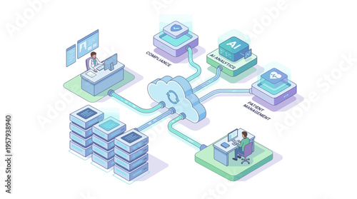Isometric Healthcare Cloud Computing Platform with AI Medical Analytics, Doctor Data Management, and Patient Care Technology System
