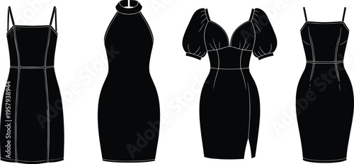 Black dress silhouettes, fashion design variations, sleeveless dress, puffed sleeves, sweetheart neckline, fitted bodice, stylish clothing, elegant outfit, trendy apparel, modern wear